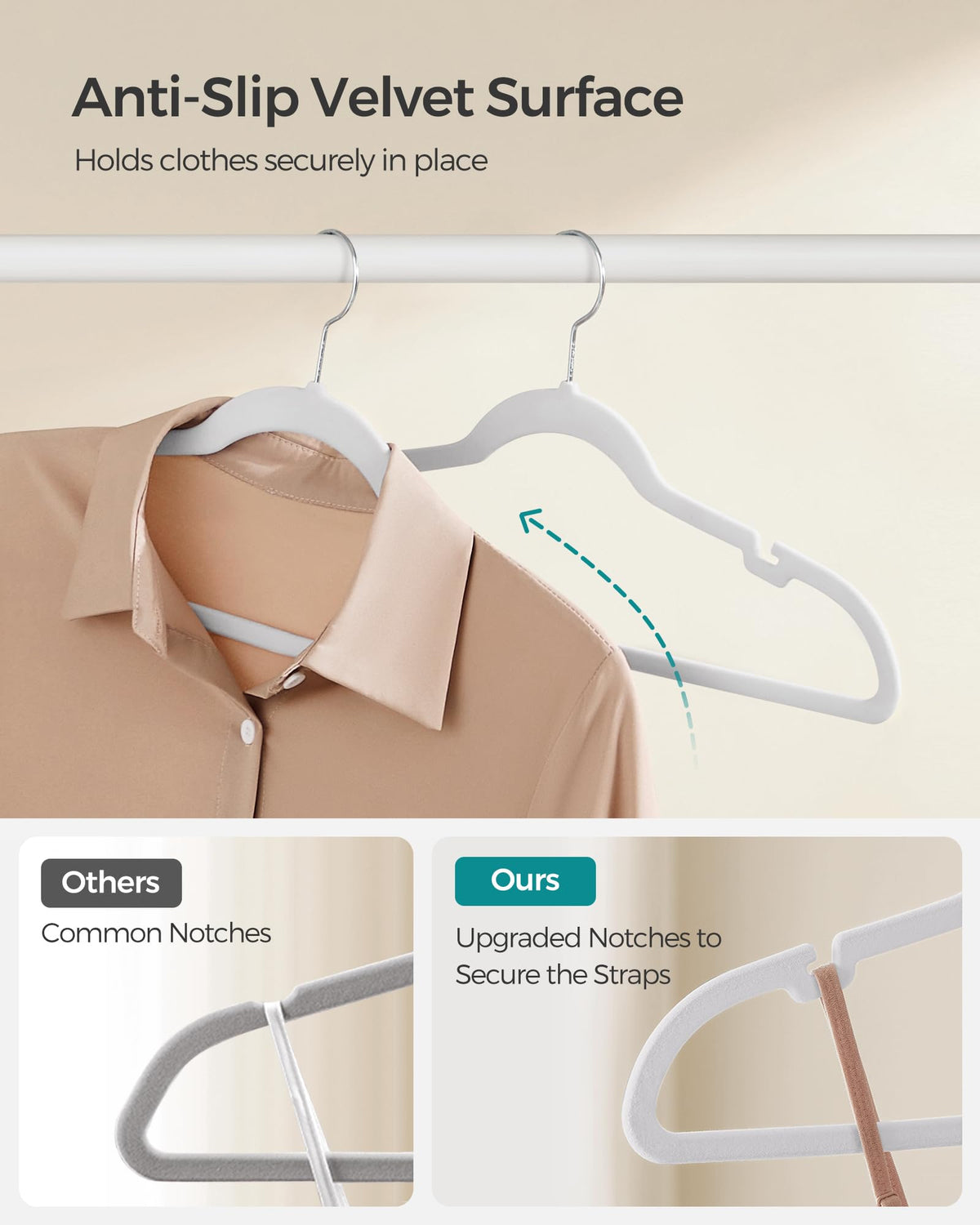 Songmics Velvet Hangers have an anti-slip surface to protect fabrics.
