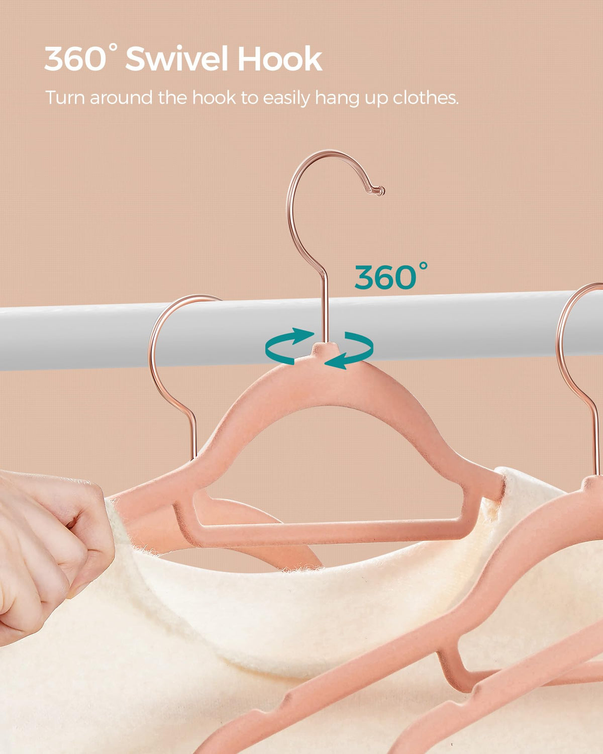 SONGMICS coral pink velvet hangers brighten closets while organizing garments.