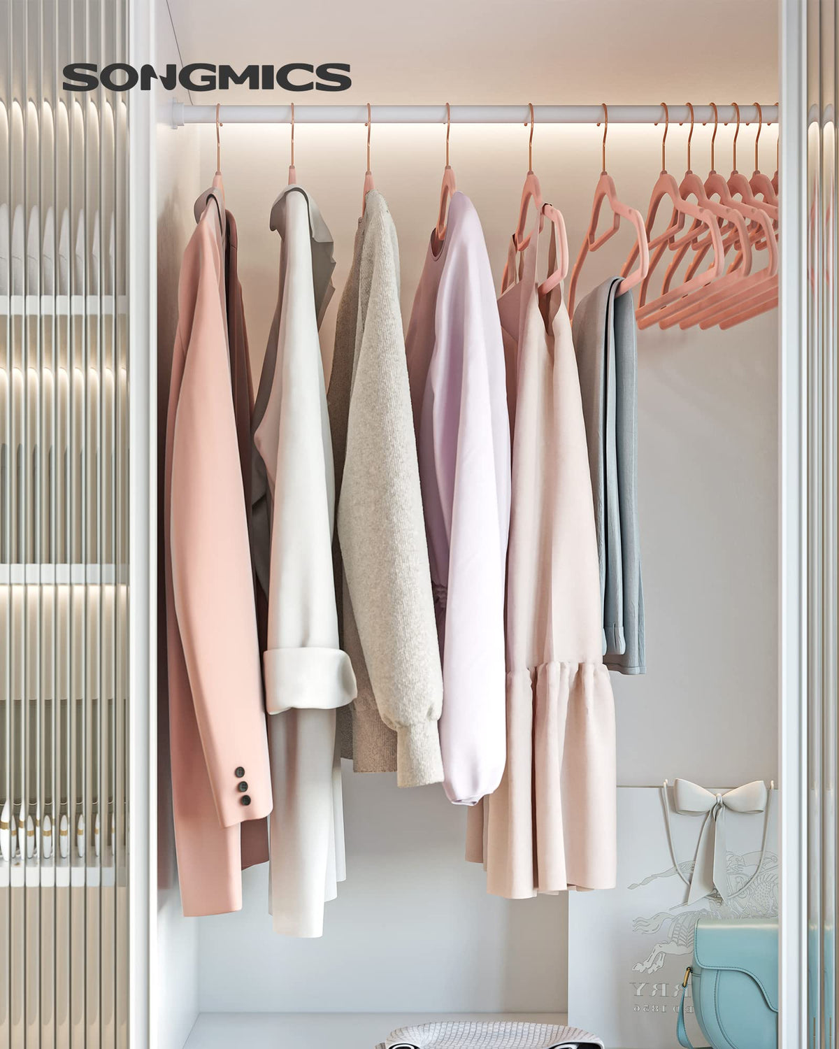 SONGMICS velvet hangers with non-slip surface protect delicate fabrics from slipping.