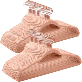 SONGMICS velvet hangers with rose gold swivel hook prevent slips and keep outfits in place.
