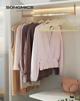 SongMics velvet hangers with silver swivel hooks keep outfits neatly hung.