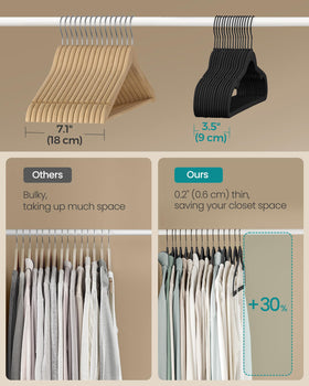 Songmics velvet hangers slim profile saves closet space and organizes more garments.
