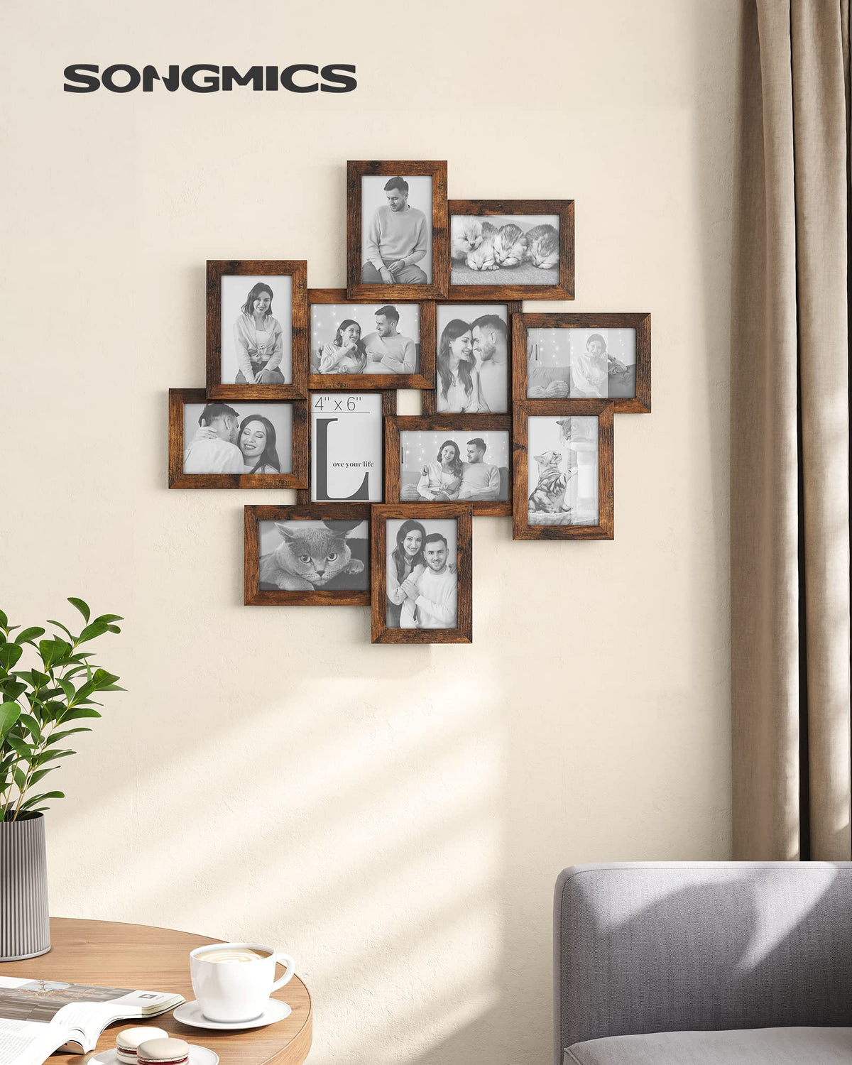 SONGMICS wall display assembly diagram showing frame layout.