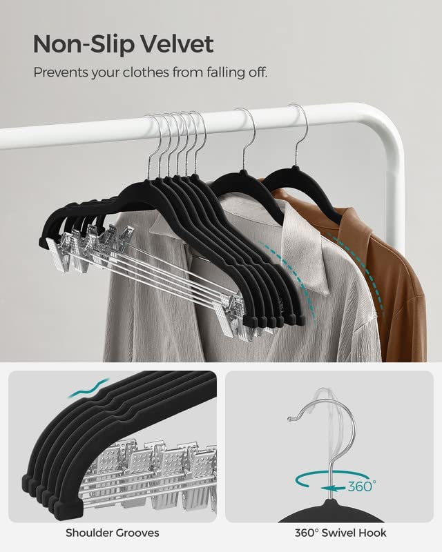 SONGMICS versatile hangers organize pants, skirts, coats, and dresses neatly in a wardrobe.