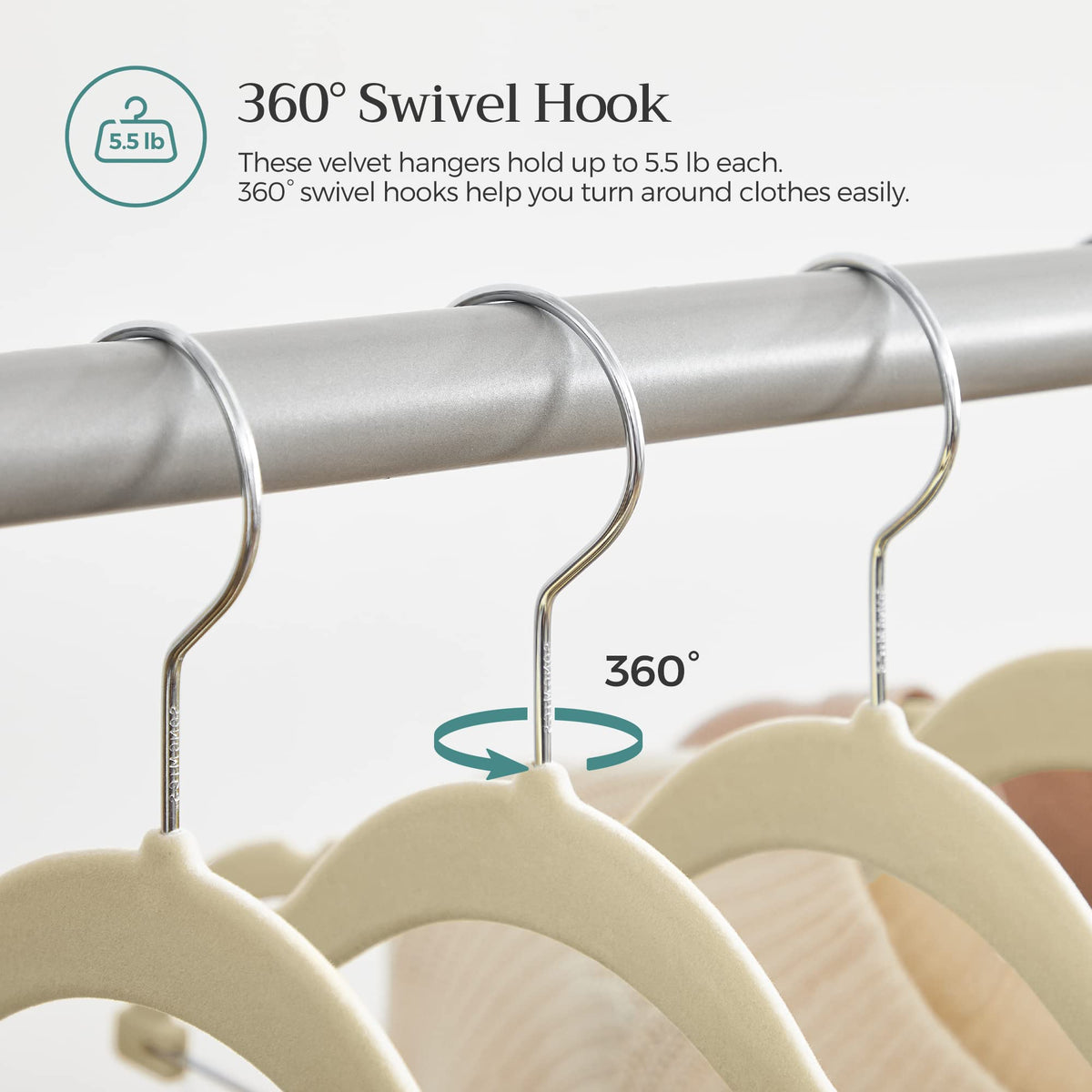 SONGMICS velvet hangers save space while keeping garments neatly shaped.