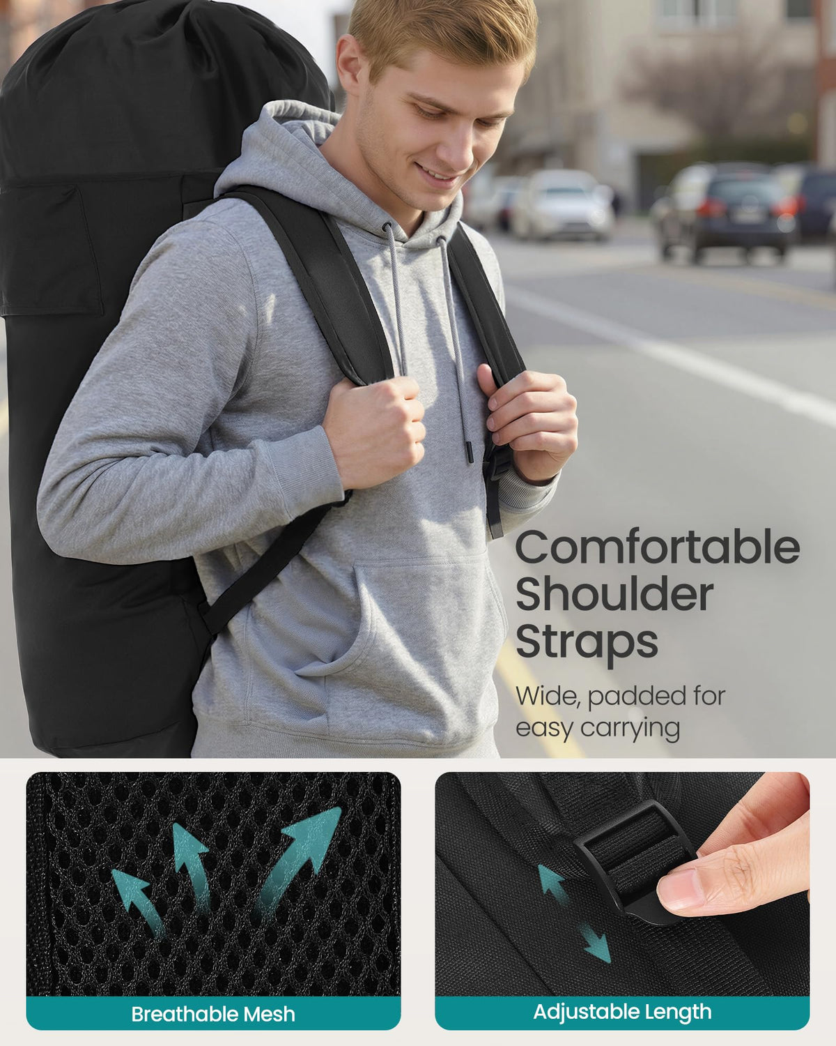 SONGMICS wide padded shoulder straps reduce shoulder strain during trips.