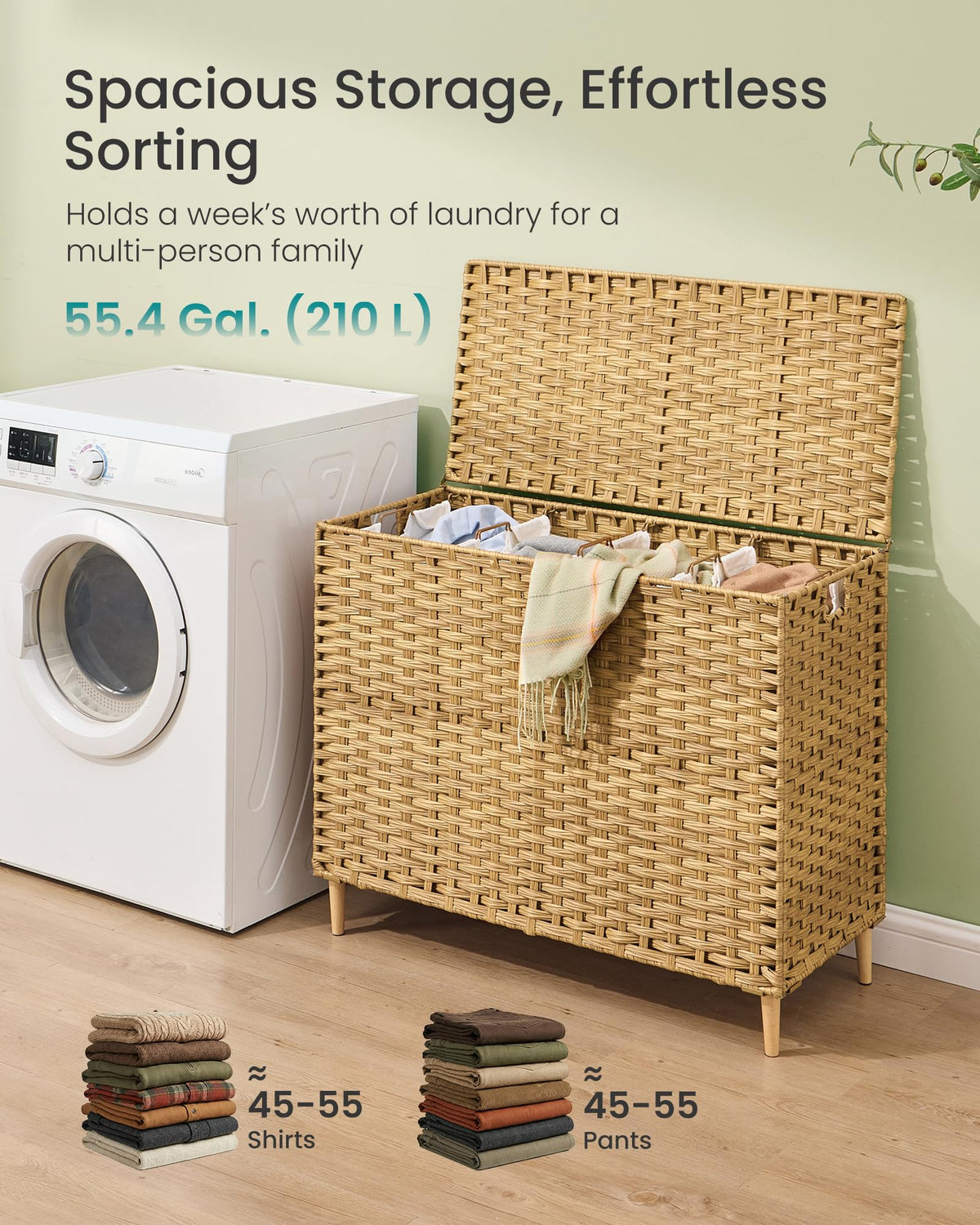 SONGMICS wooden feet lift the laundry bin to protect clothes from moisture.