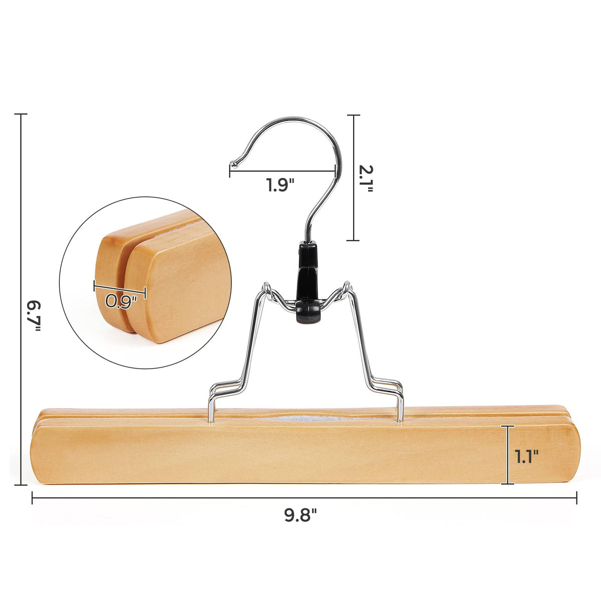 Songmics wooden pants hangers closeup wood grain and finish.
