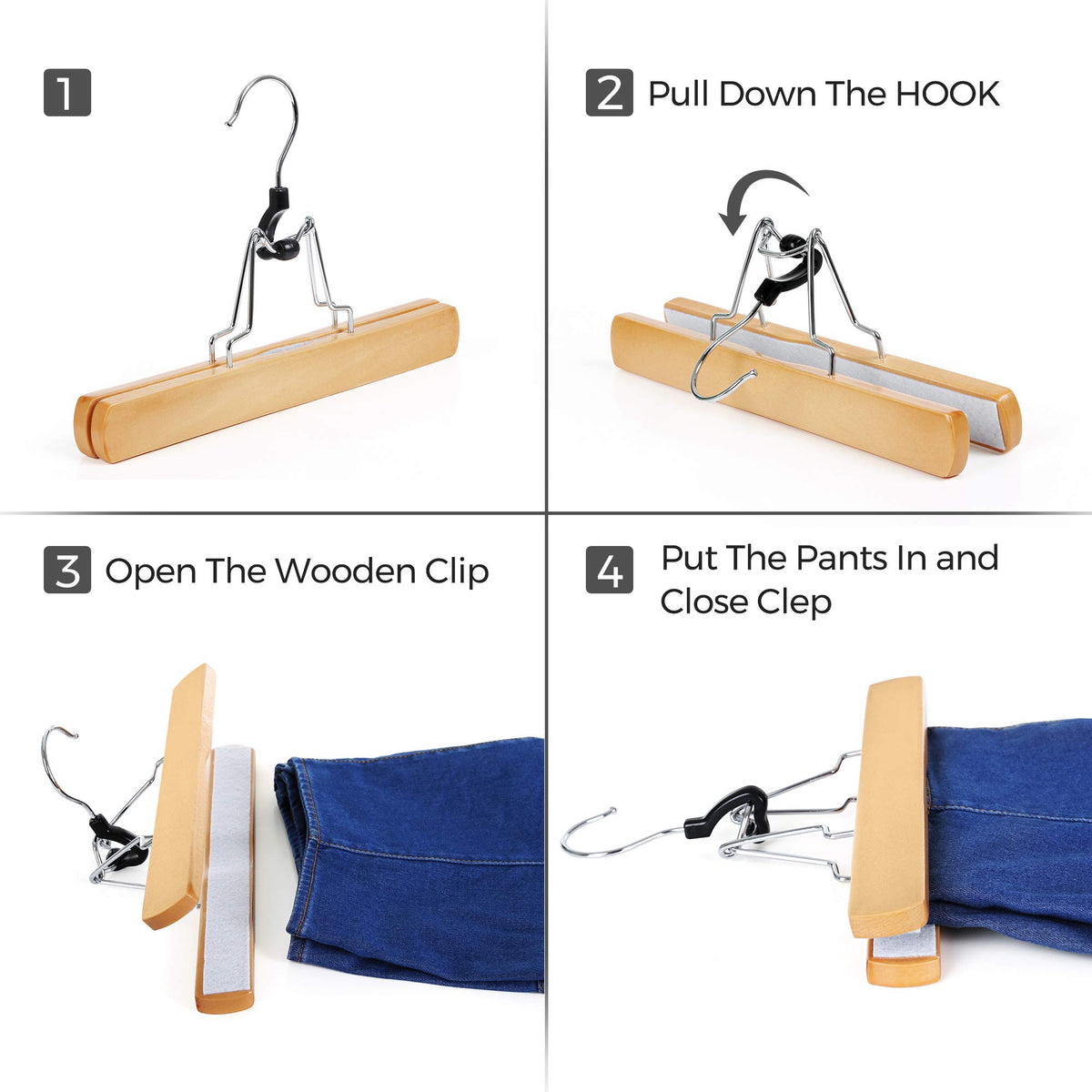 Songmics wooden pants hangers grooved clamp grips seams securely.
