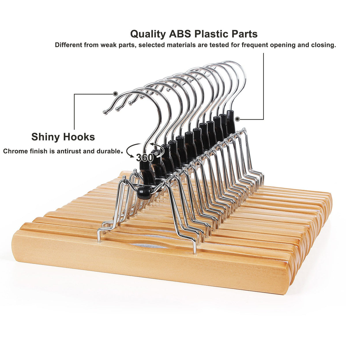 Songmics wooden pants hangers non-slip felt detail protects fabrics.