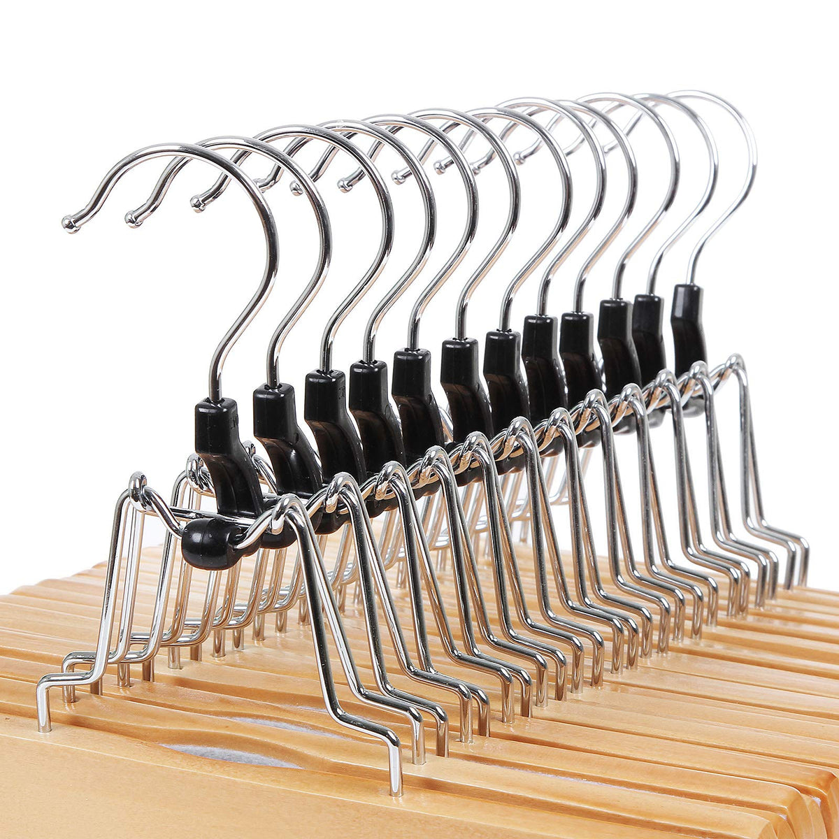 Songmics wooden pants hangers silk-friendly felt protects delicate fabrics.