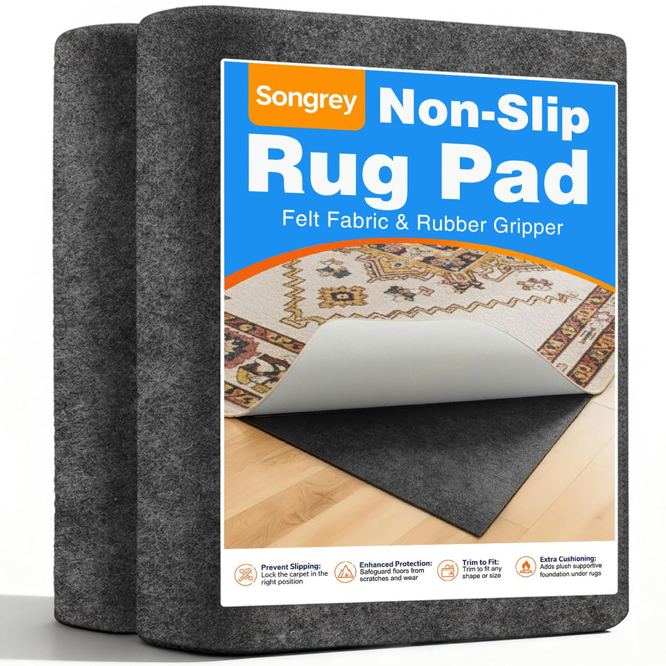Songrey Non Slip Rug Pad Gripper on hardwood floor keeps rugs flat and secure.