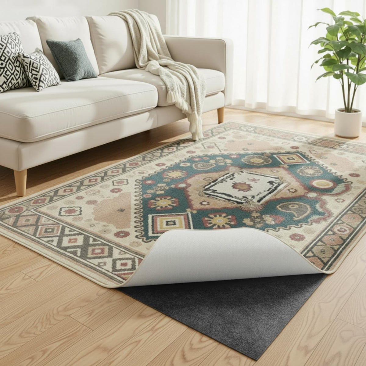 Close-up of Songrey rug pad backing showing natural latex grip for stability.