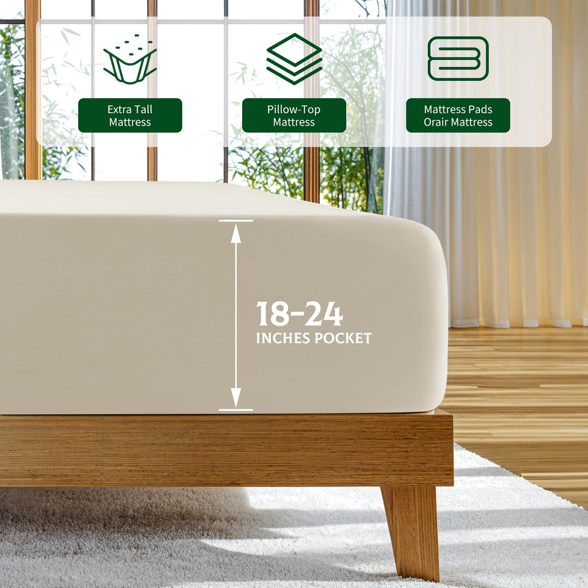 Sonoro Kate deep-pocket fit image demonstrates 18-24 inch mattress compatibility.