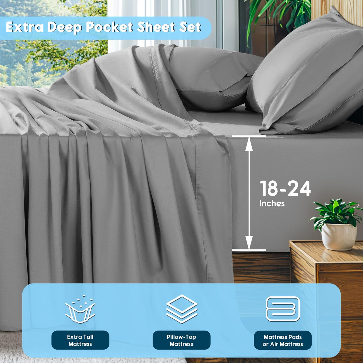 SONORO KATE deep-pocket sheet design illustrating 18-24 inch mattress fit
