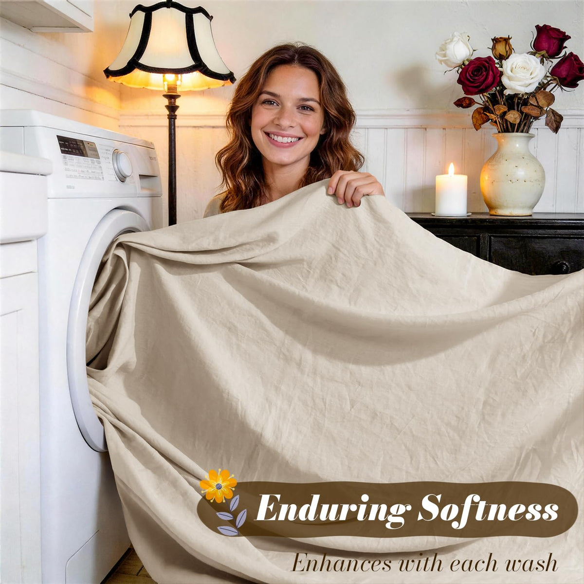 SONORO KATE care guide for linen sheets with cold wash and low tumble dry.