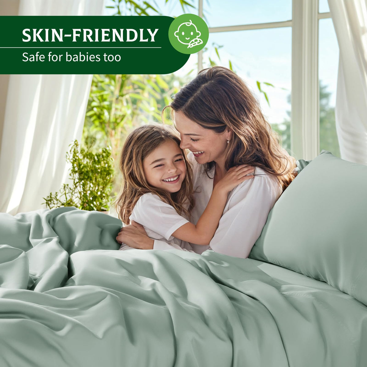 SONORO KATE Sea Glass bedding draped on bed showcases luxuriously soft texture