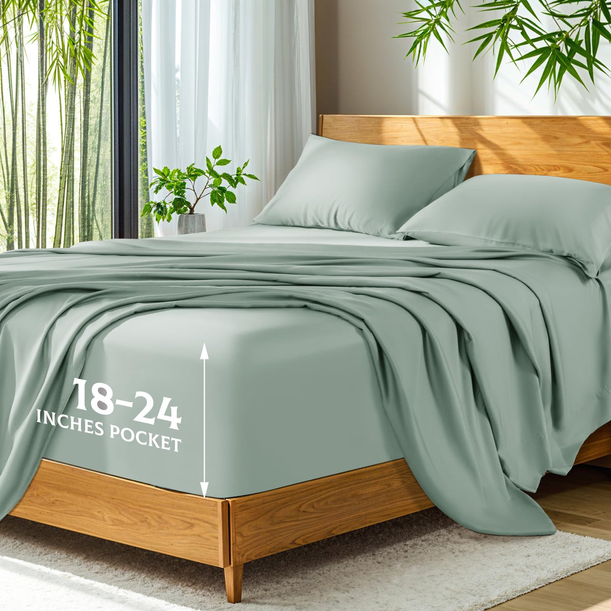 SONORO KATE Sea Glass bedding flat lay highlights silky bamboo fabric for luxurious sleep