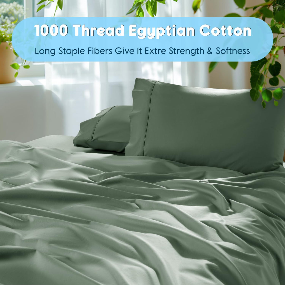 Demonstration of 360° deep-pocket fit on a king bed with SONORO KATE Sea Glass.