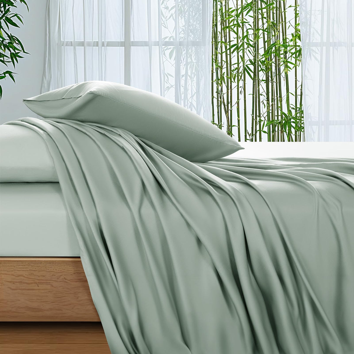 SONORO KATE Sea Glass queen flat sheet shows silky softness and hotel-grade finish.