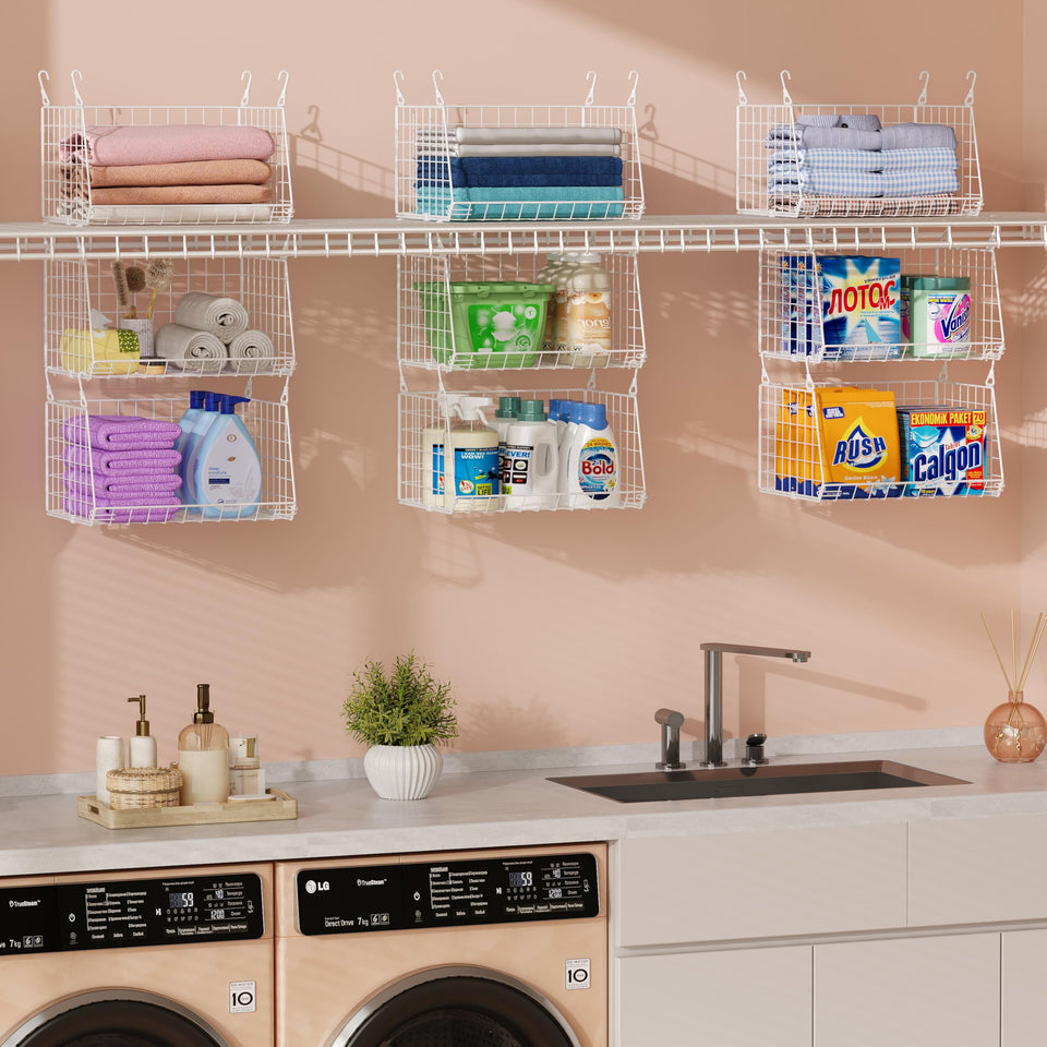 Sonyabecca 3-tier hanging laundry basket organizer on closet rod for easy access.