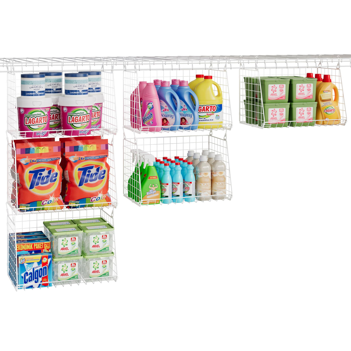 Sonyabecca 3-pack hanging laundry baskets on a wire shelf for organized storage.