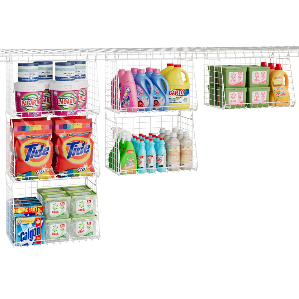 Sonyabecca 3-pack hanging laundry baskets on a wire shelf for organized storage.