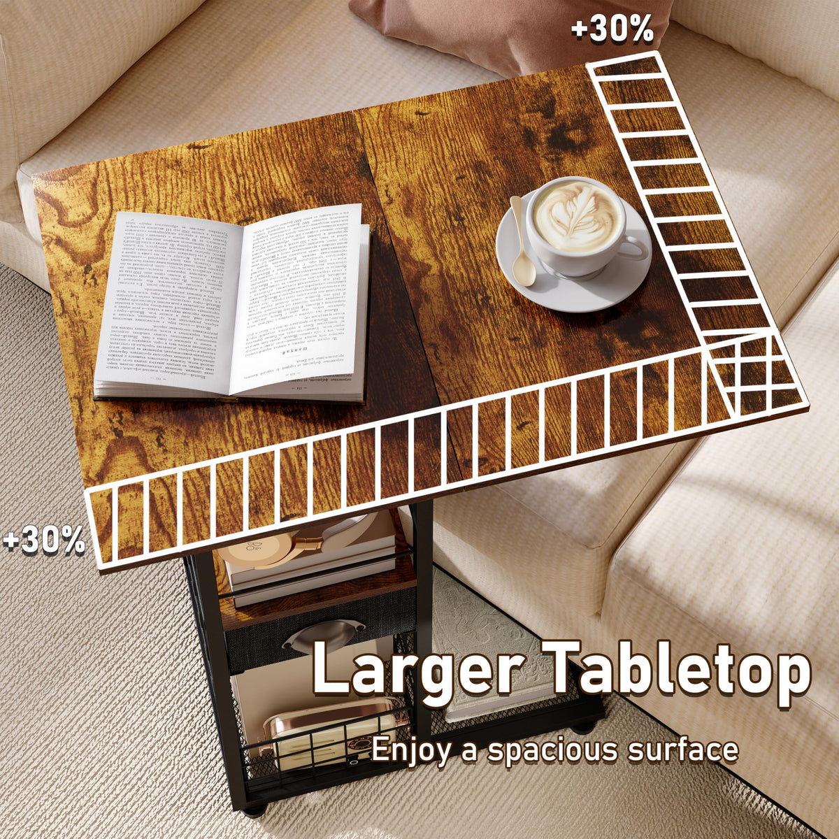 Sonyabecca C-table drawer storage keeps remotes and files organized.