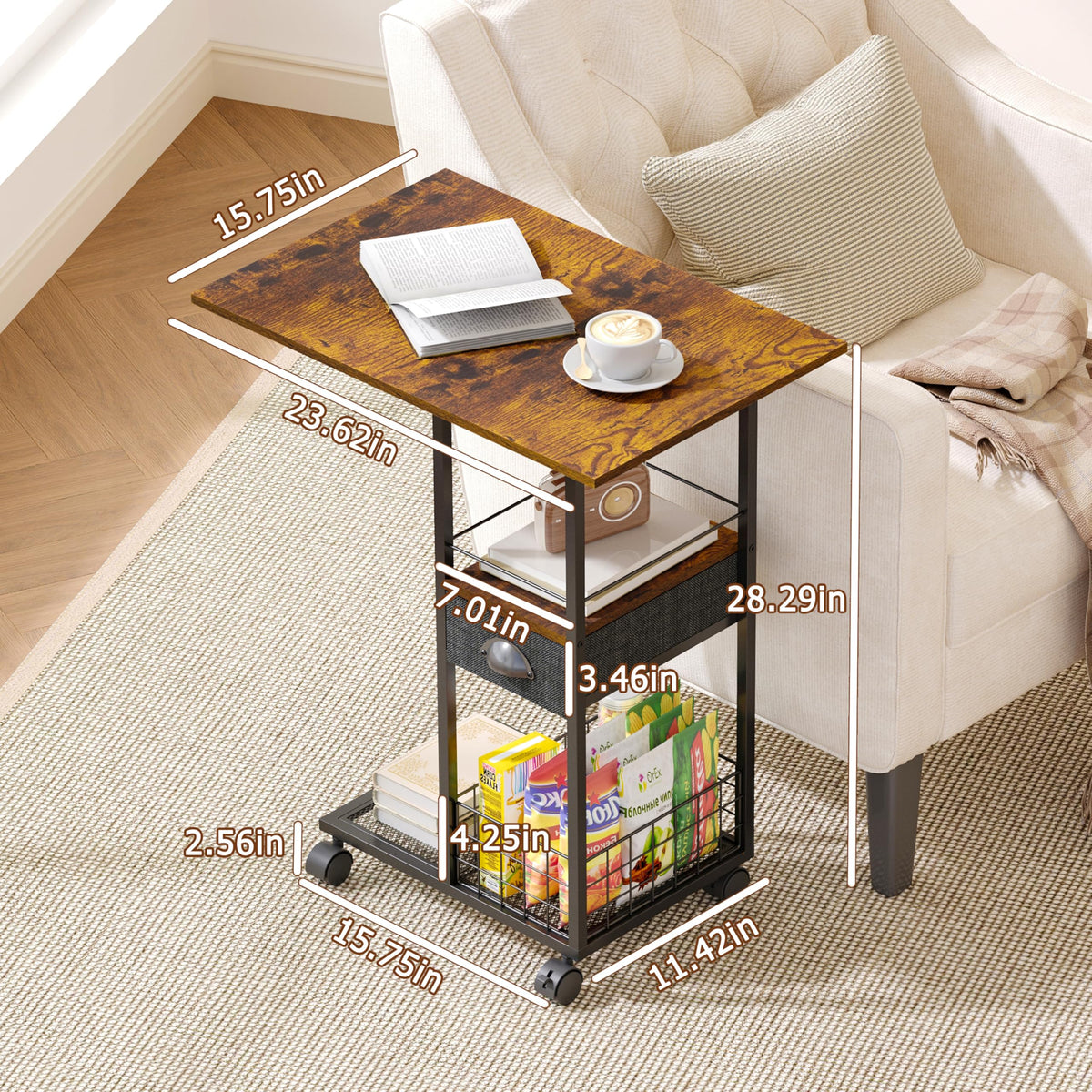 Sonyabecca C-table in living room beside sofa for added surface area.