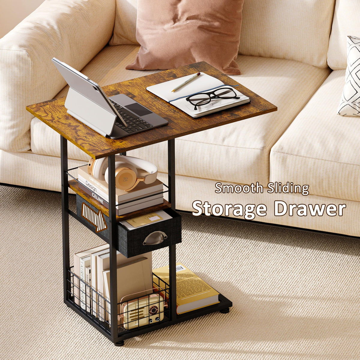 Sonyabecca C-table with wheels offers easy mobility on hard floors.