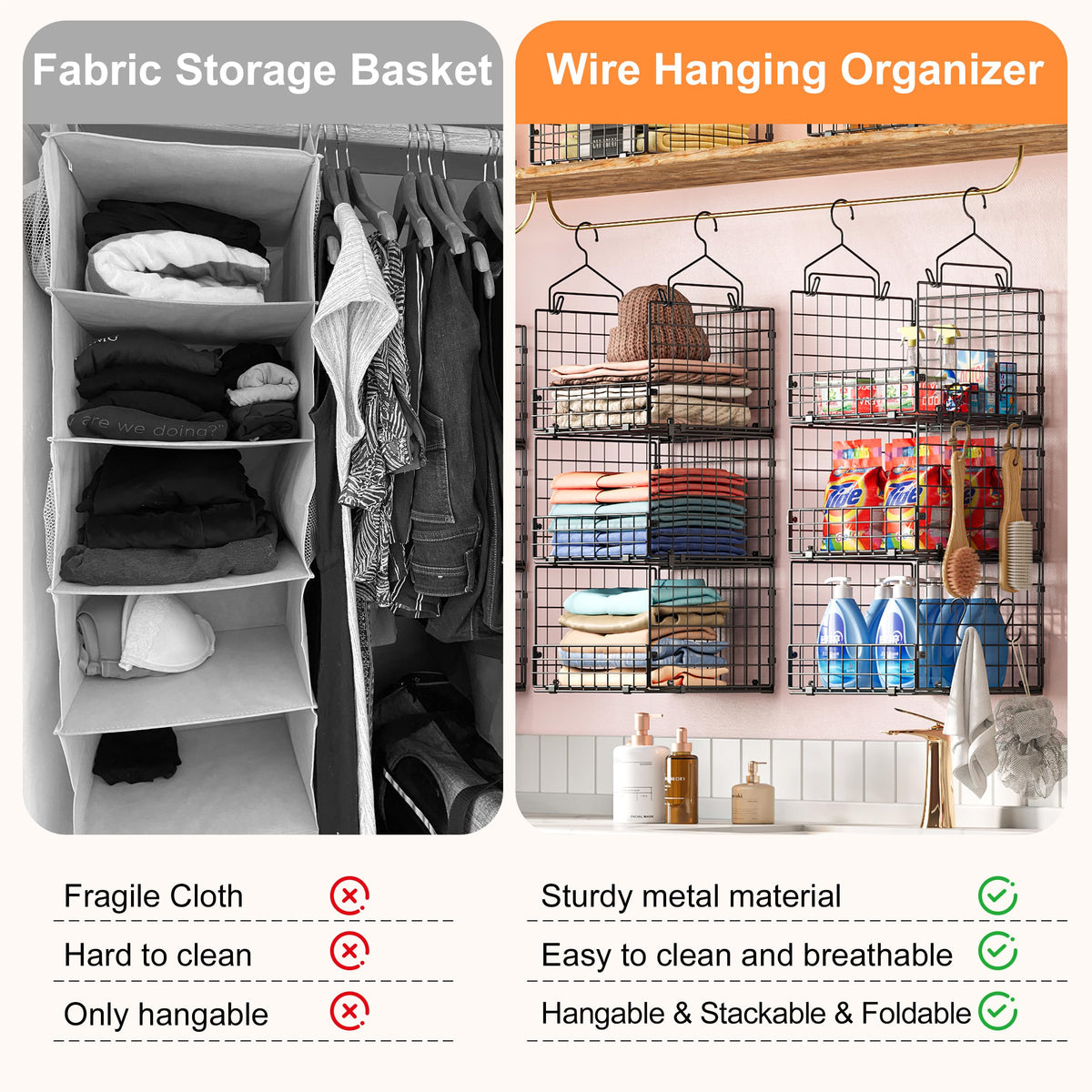 Sonyabecca sturdy metal baskets organize sweaters and hats neatly.