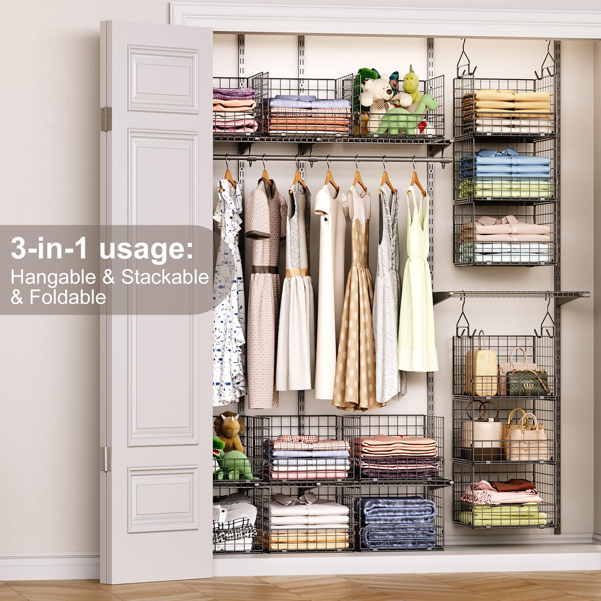 Sonyabecca foldable wire bins demonstrate compact storage in small spaces.