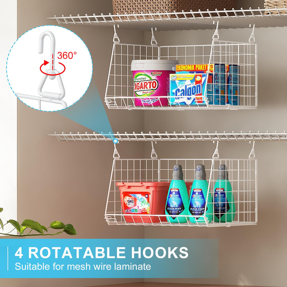 Sonyabecca foldable wire shelf with 360-degree rotating hook for flexible storage.