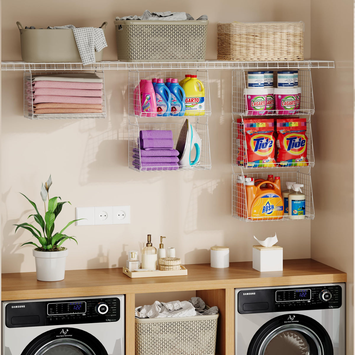 Sonyabecca durable metal baskets attach to grid shelves securely.