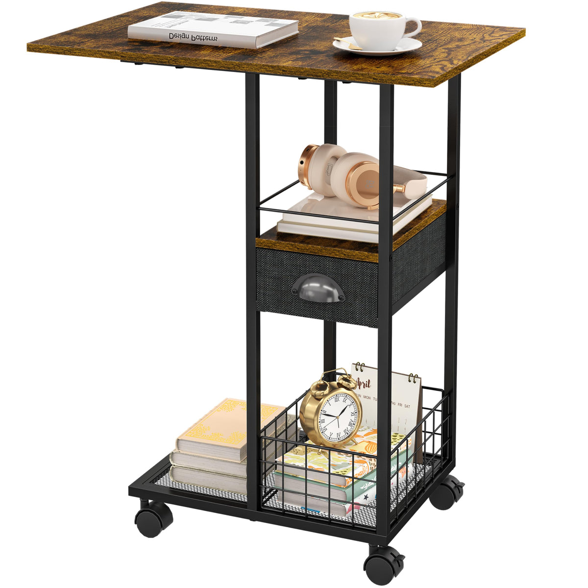 Sonyabecca rolling C-table with wood top, ideal for laptops and snacks.