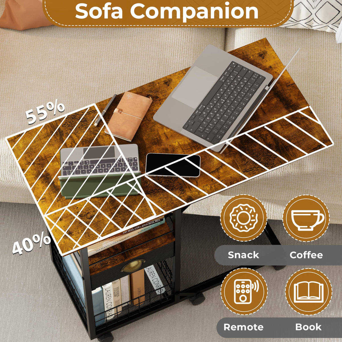 Sonyabecca rolling desk on wheels for flexible living room setup