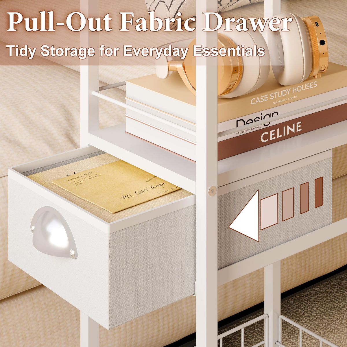 Sonyabecca rolling side table with fabric drawer keeps remotes and glasses close at hand.