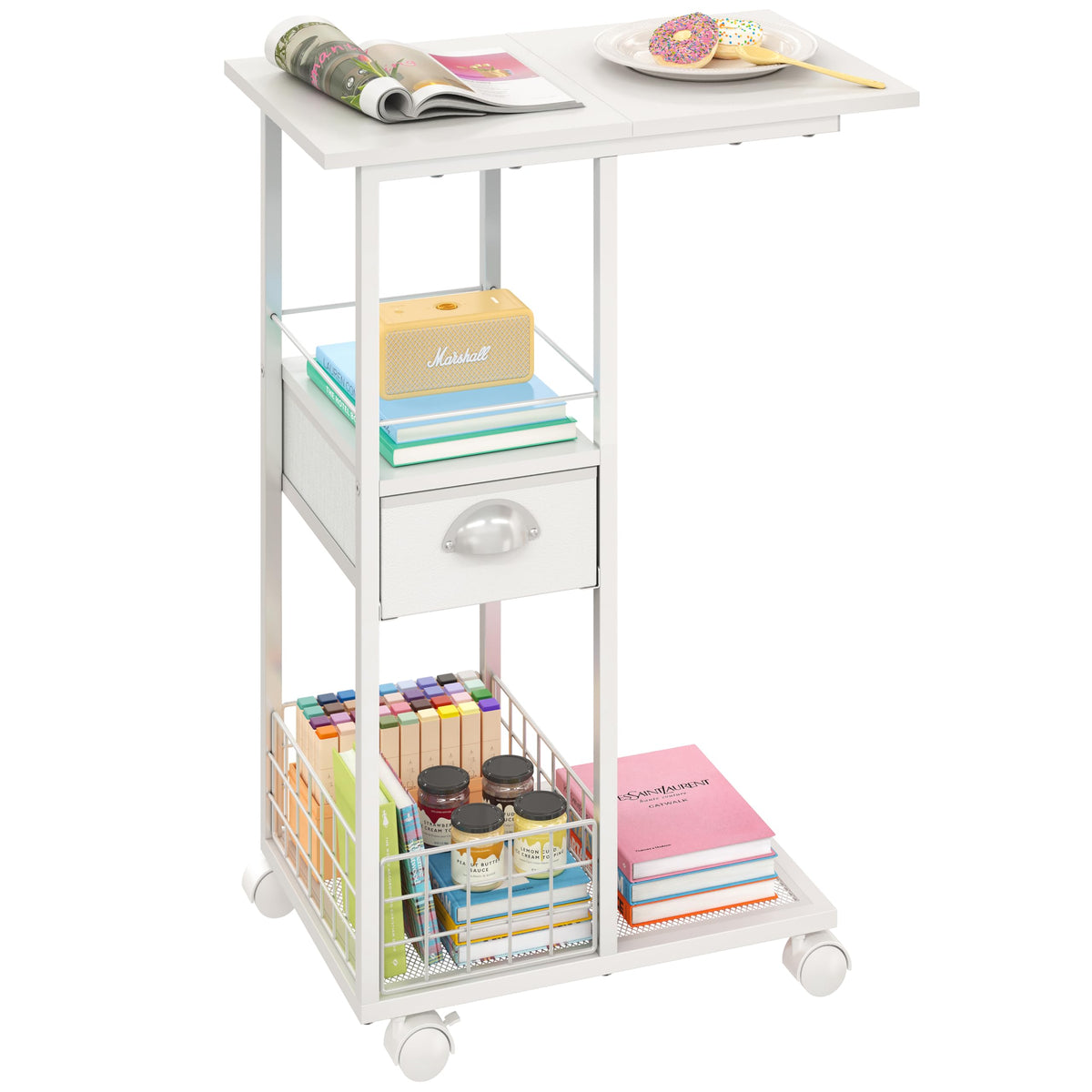 Sonyabecca rolling side table with smooth wooden top, ideal for laptops or drinks beside the couch.