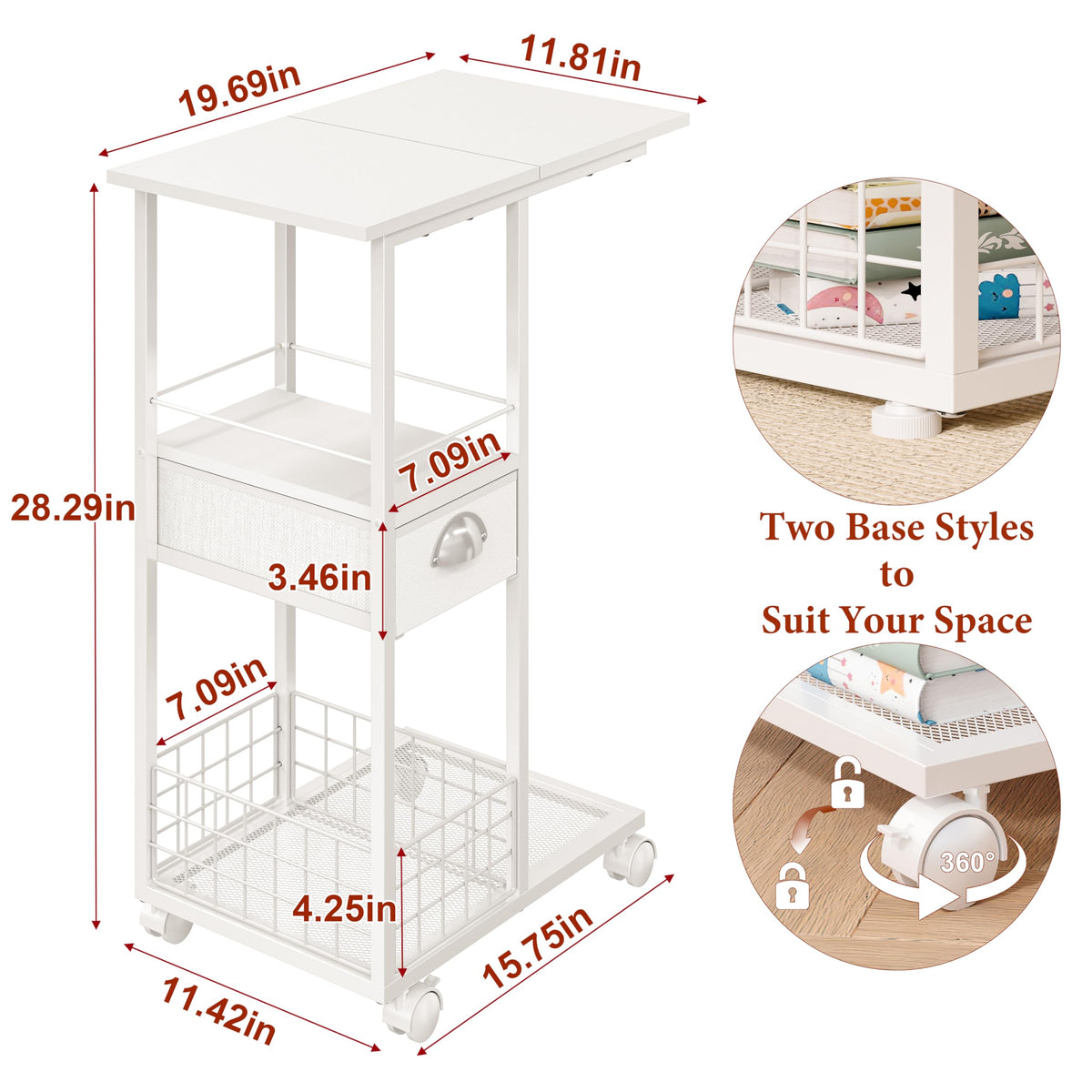 Sonyabecca rolling side table in white-wood finish complements modern bedrooms and living spaces.