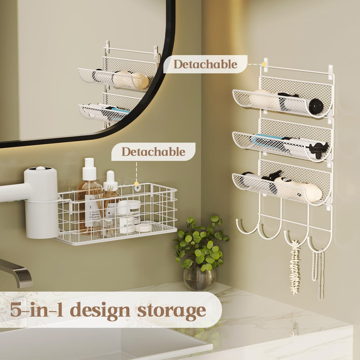 Sonyabecca wall-mounted hooks organize styling tools and cords neatly