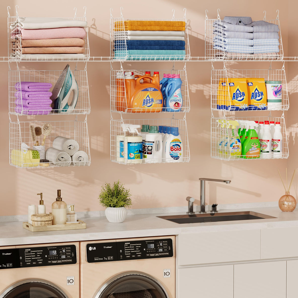 Sonyabecca over-washer-dryer shelf setup keeps essentials within reach.