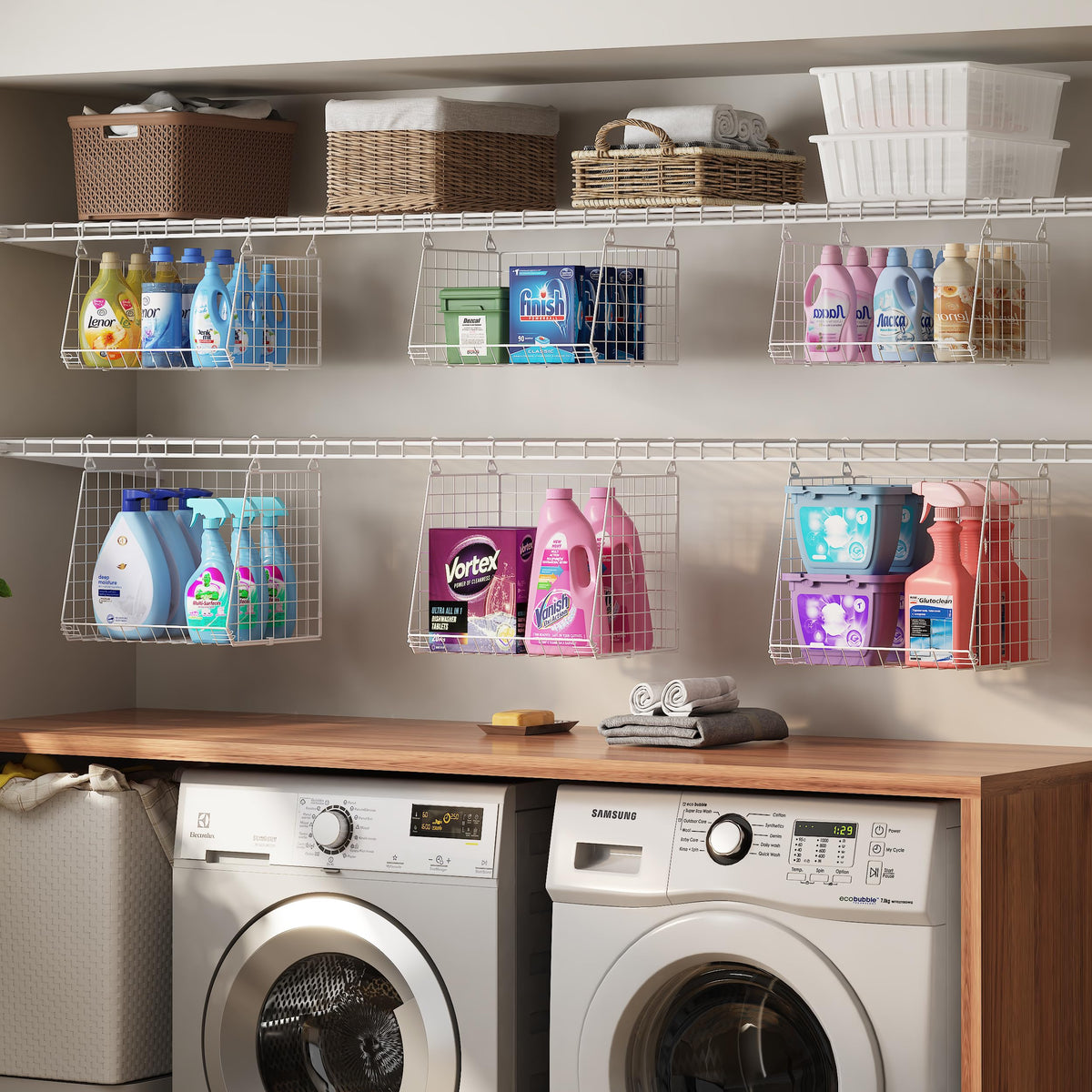 Sonyabecca wire grid hanging storage keeps laundry items organized.
