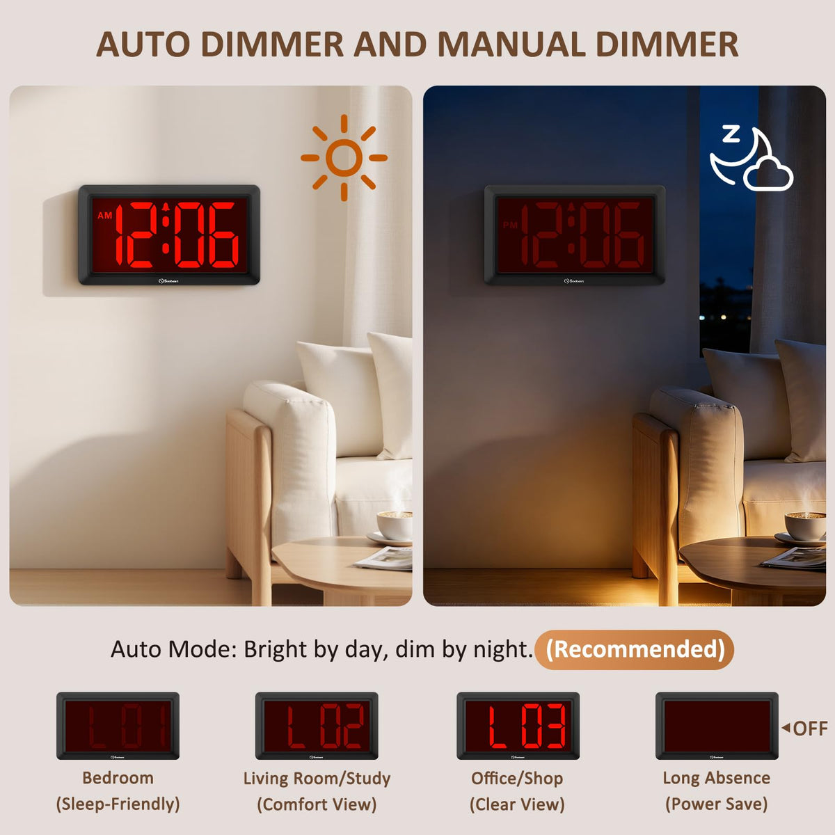 Soobest 12/24 hour format switch enables quick time reading.
