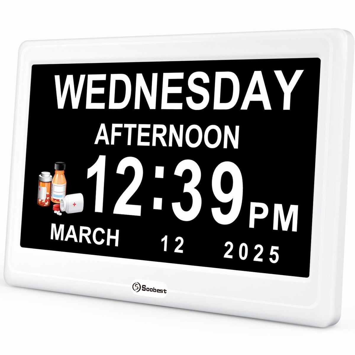 Soobest 12-inch dementia clock front view with large display for easy readability.