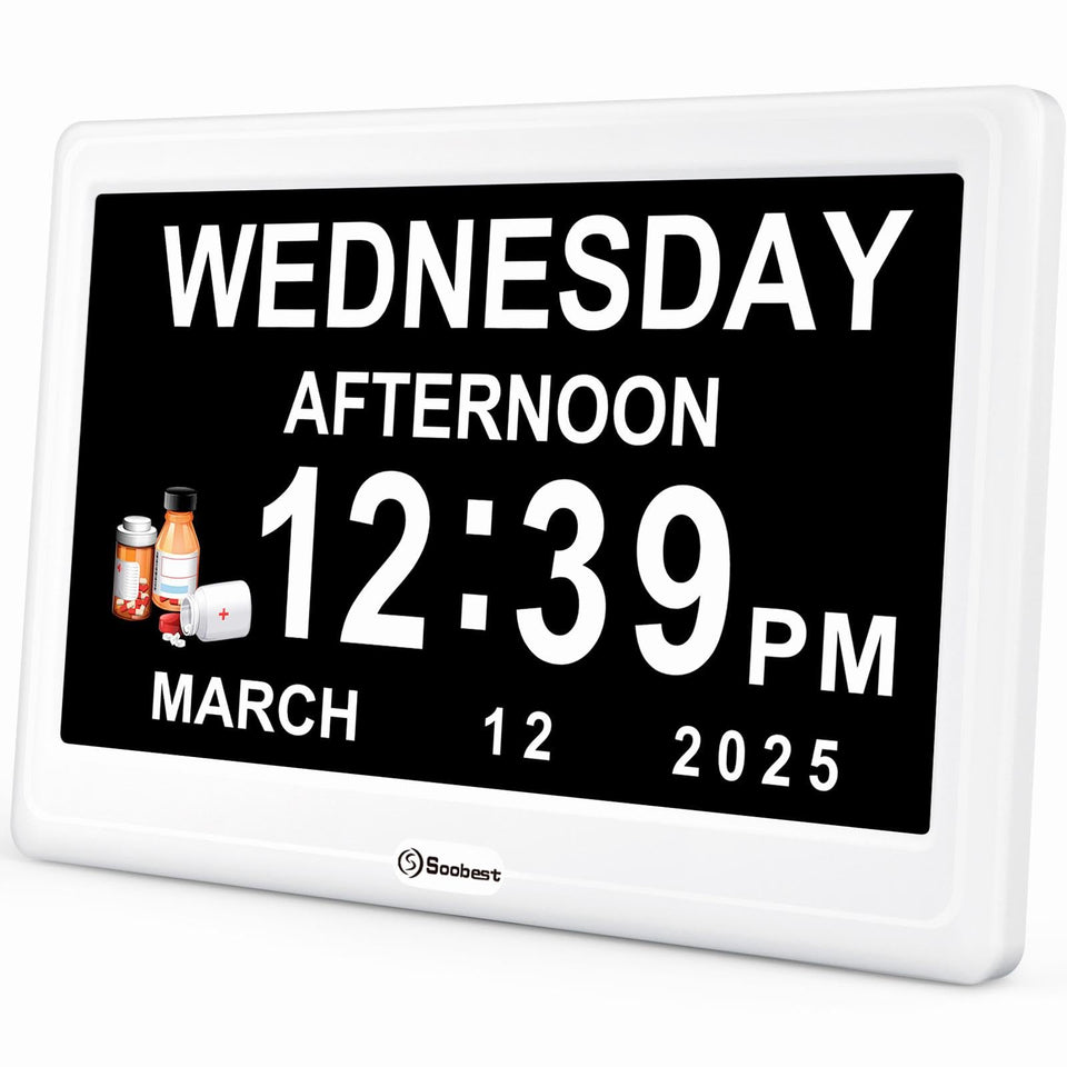 Soobest 12-inch dementia clock front view with large display for easy readability.