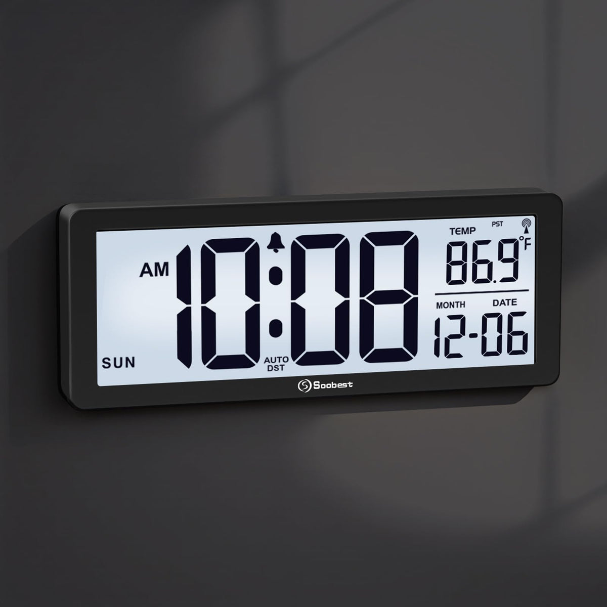 Soobest atomic clock display closeup shows time, date, and temperature clearly.