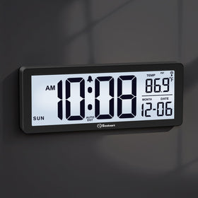 Soobest atomic clock display closeup shows time, date, and temperature clearly.