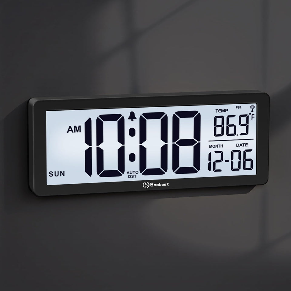 Soobest atomic clock display closeup shows time, date, and temperature clearly.