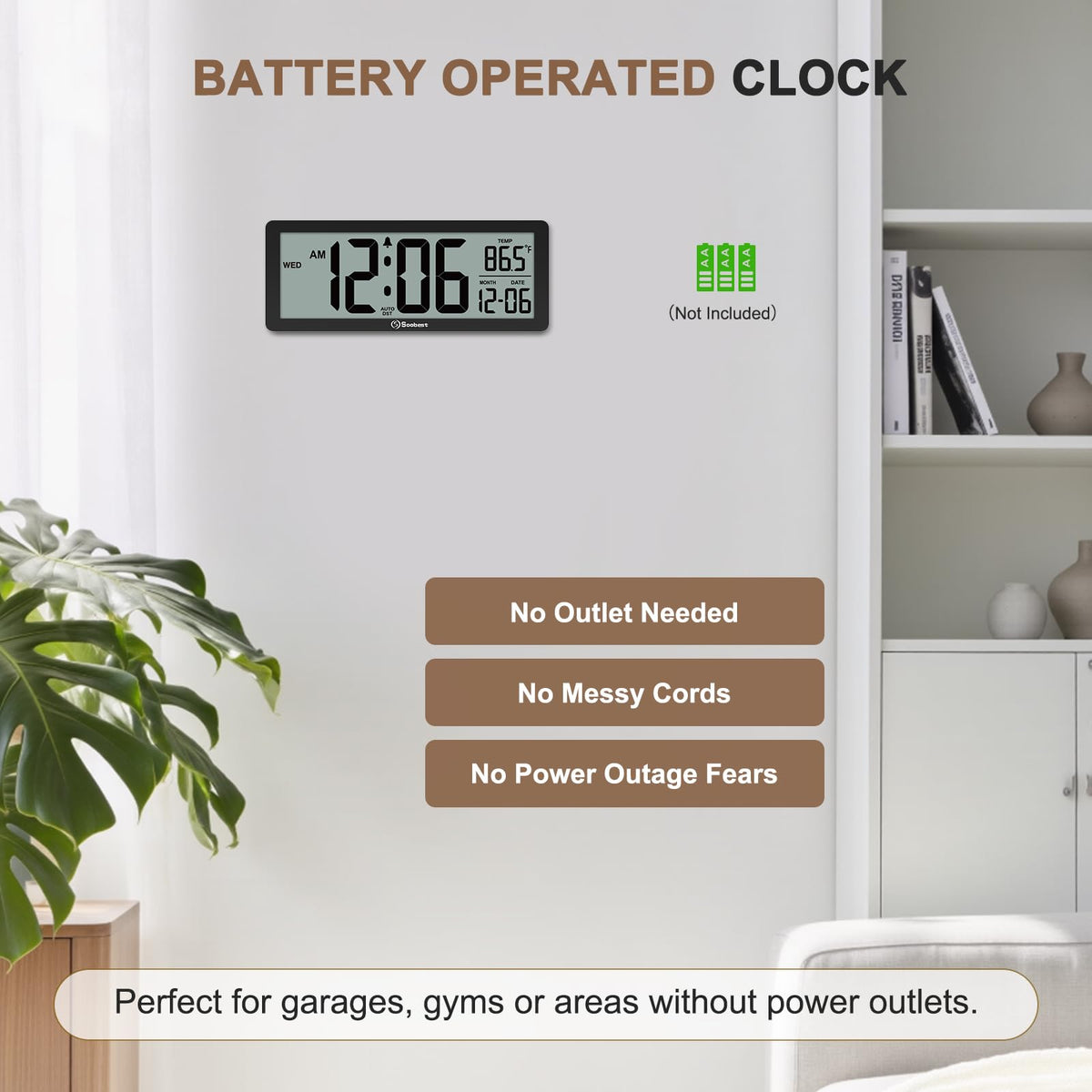 Soobest clock powered by batteries, suitable for cord-free placement anywhere.