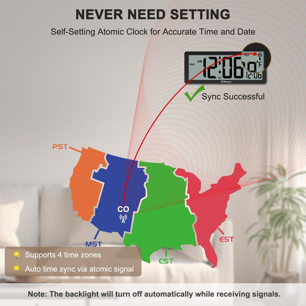 Soobest clock backlight on demonstrates easy night-time visibility.
